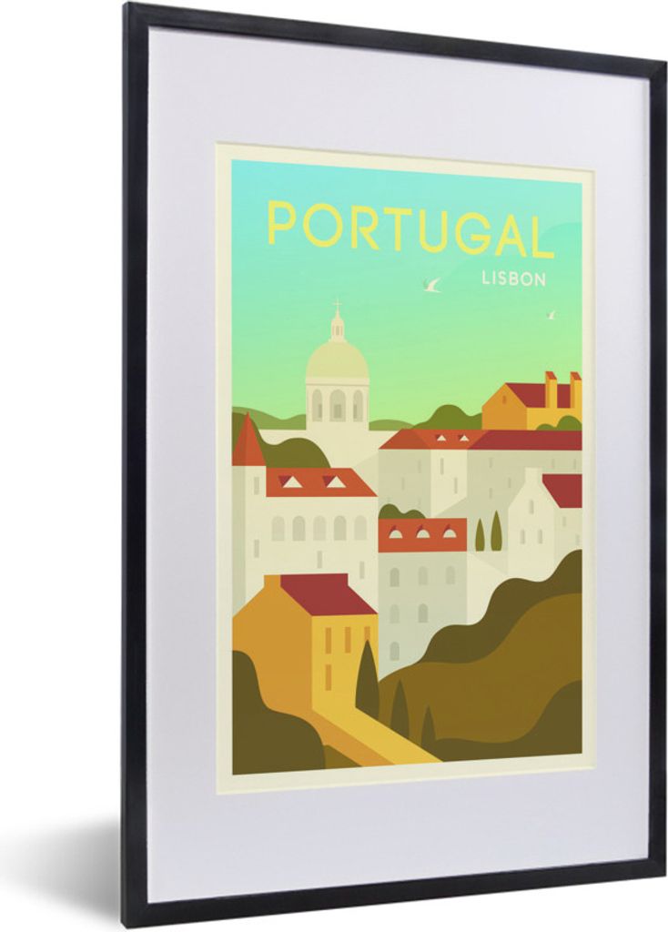MuchoWow MuchoWow Gerahmtes Poster Illustration der Hauptstadt Lissabon, Portugal 40x60 cm - Poster mit zchwarzem Bilderrahmen - Poster in Rahmen