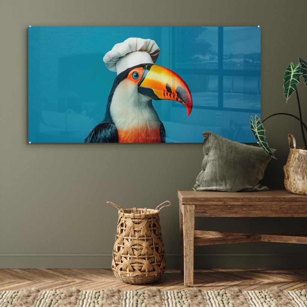 MuchoWow Glasbilder - Bilder auf Wandbild - Foto auf Glas Tukan - Papagei - Vogel - Kochmütze 120x60 cm Wanddekoration aus Glas - Acrylglasbild - ...