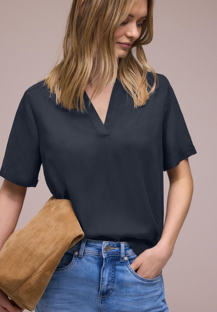 Street One Kurzarm-Bluse 'Kurzarm Bluse mit Turn-Up', A346422, shadowed navy, Gr. 36