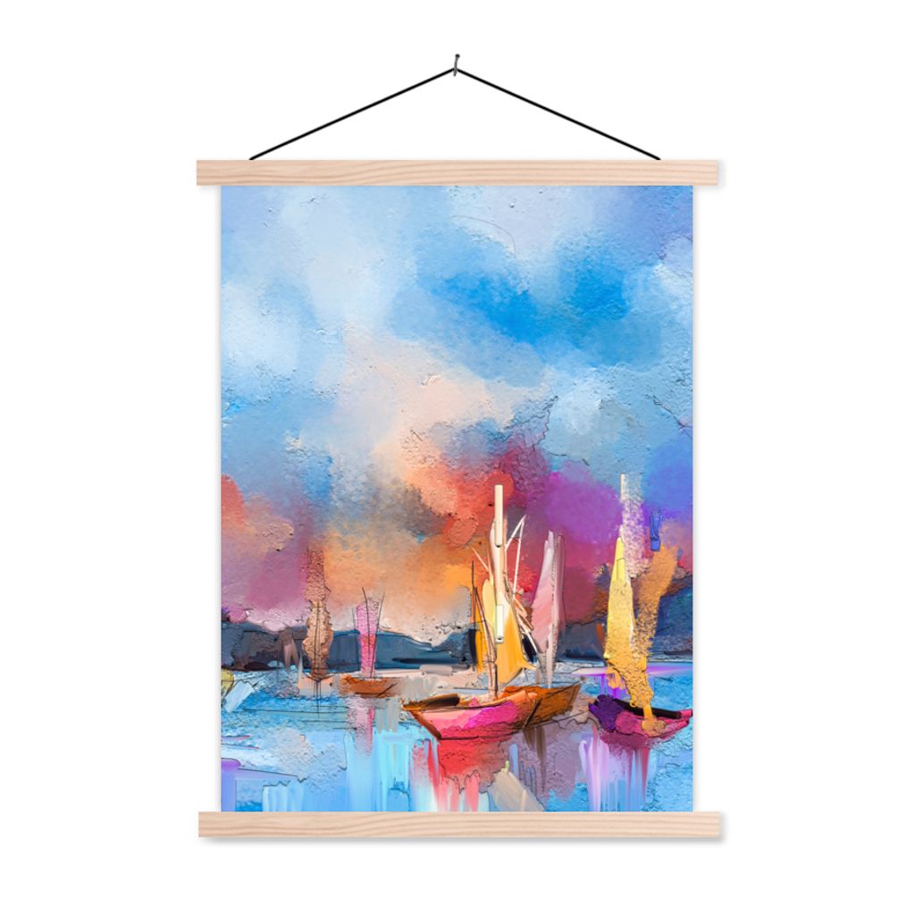 MuchoWow Textilposter Malerei - Boote - Wasser 120x160 cm mit holzfarbenen Rahmen - Plakatkarton