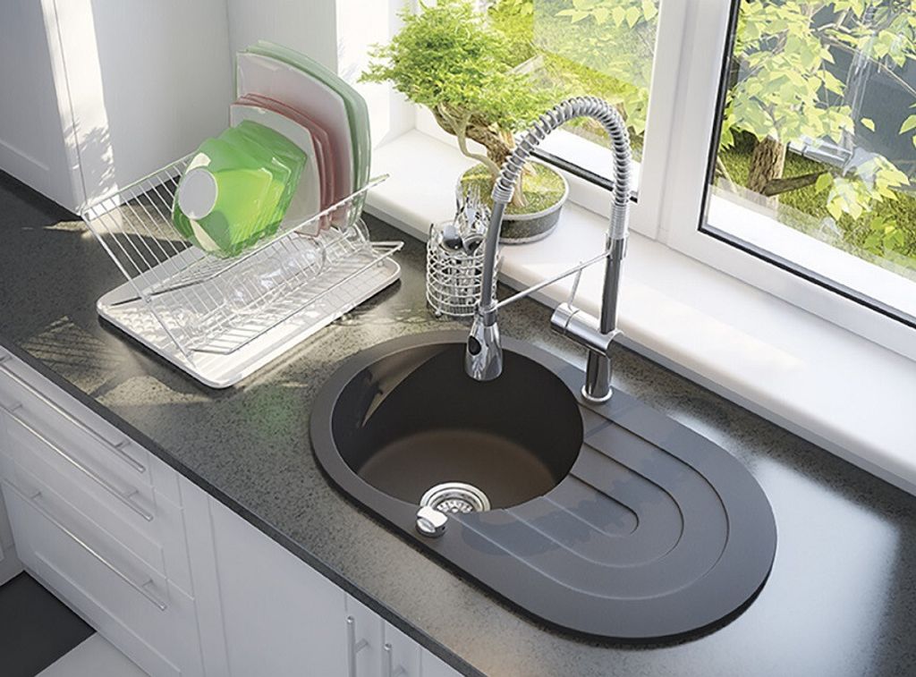 BADLAND Spülbecken Granitspüle Einzelbecken Dafne 47x78 Schwarz mit langer Ablaufplatte | Siphon im SET!