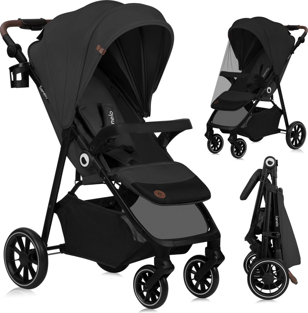 Lionelo Emma One Buggy bis zu 22 kg Schwenkbare 360 Räder Einhändig klappbar Verstellbare Rückenlehne und Fußstütze XXL-Verdeck UPF50+ Grau