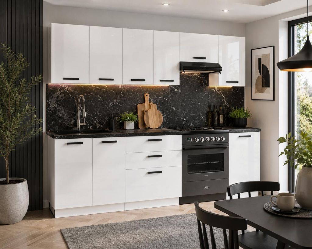 ULWEHOME | Küchenzeile 240 cm Weiß Hochglanz, Produktbild  KI-generiertes Bild