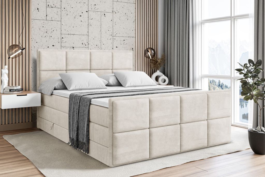 ALTDECOR Boxspringbett mit Fußteil, 2 Matratzen und Topper - 160x200 cm - NOVA-Z KING - Taupe Samt - Polsterbett mit, H3- und H4- Matratzen, Bettk...