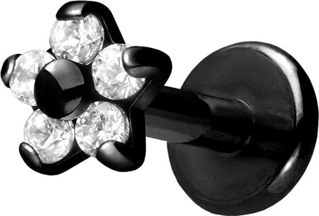 Ohrpiercing, Nasenpiercing Titan Labret mit Innengewinde BLUME MIT 5 KRISTALLEN Schwarz Stablänge: 5mm | Stabstärke: 1,2mm