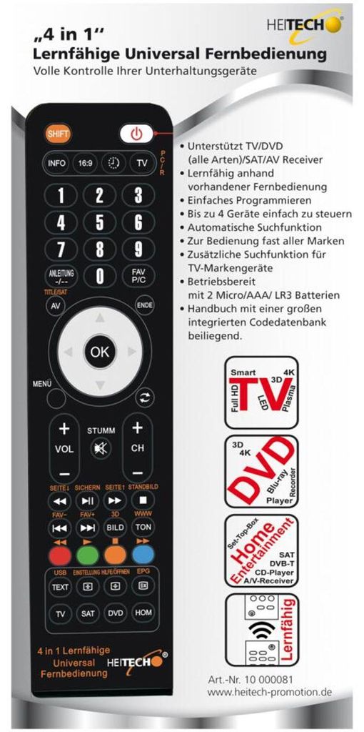Télécommande universelle Heitech 4 en 1 avec apprentissage Image du produit 
