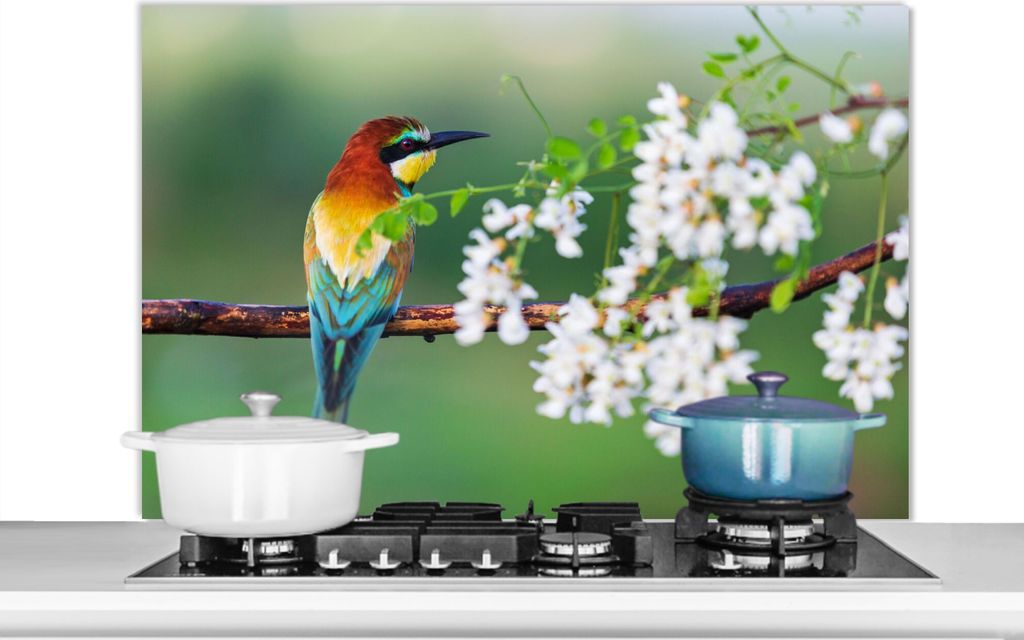 KitchenYeah Spritzschutz Küche - Küchenrückwand - Wandschutz für Herd und Spüle - Vogel - Bienenfresser - Blumen 100x65 - Alu-Dibond (Alter...
