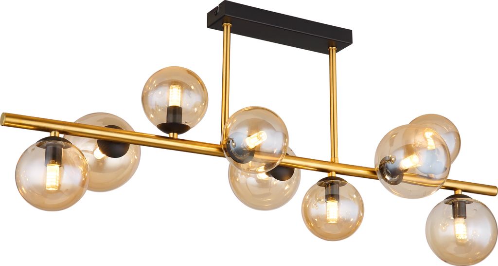 A modern chandelier with multiple glass globes.