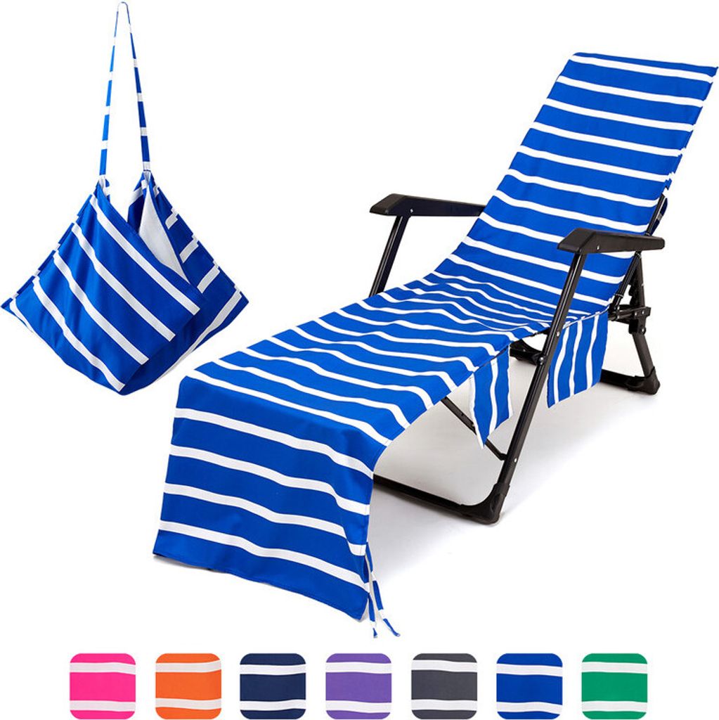 Strandstuhlbezug Handtücher Mikrofaser Lounge Stuhl Handtuchbezüge mit seitlichen Aufbewahrungstaschen Terry Strandtuch - Blau