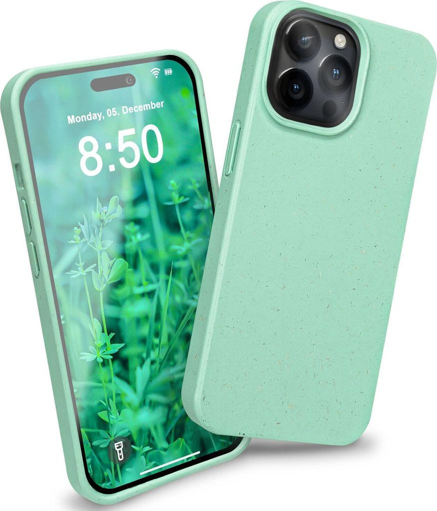 A mint green iPhone 14 Pro case is shown in a studio shot, with the phone inside the case displayed on the left and the back of the case on the right.