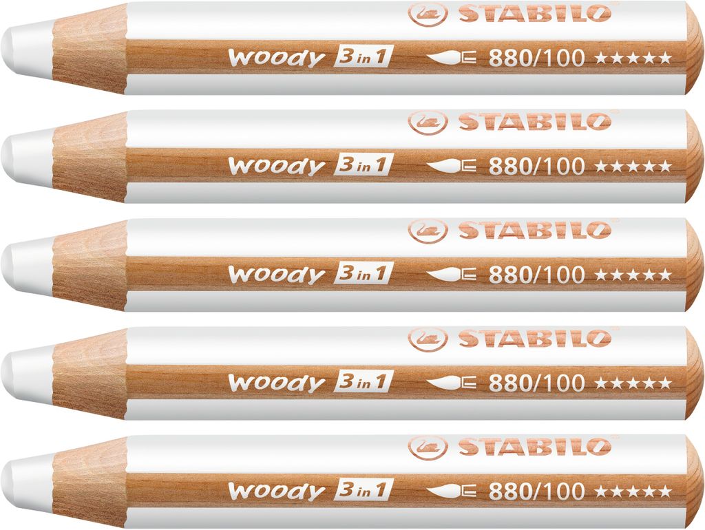 Buntstift, Wasserfarbe & Wachsmalkreide - STABILO woody 3 in 1 - 5er Pack - weiß