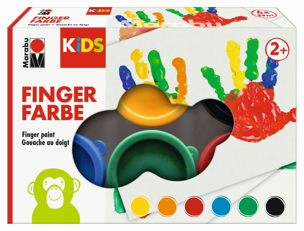 The image shows the packaging of Marabu KIDS Fingerfarbe, a set of six finger paints in various colors. The packaging features colorful handprints and a cartoon monkey illustration.