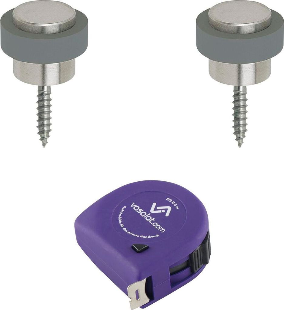 vasalat Türstopper Boden zum Schrauben ø 48mm, Höhe 38mm - runder Tür Stopper Boden mit Gummipuffer + Montagezubehör, Edelstahl matt - 2 Stück