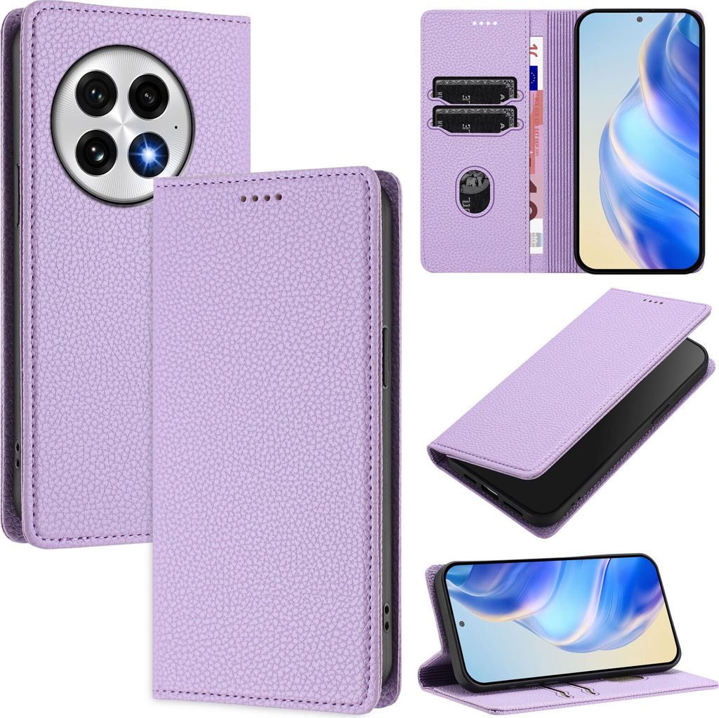 Litchi Leder Handyhülle für OnePlus 13 Wallet Kartenfächer Standfunktion Hülle Violett