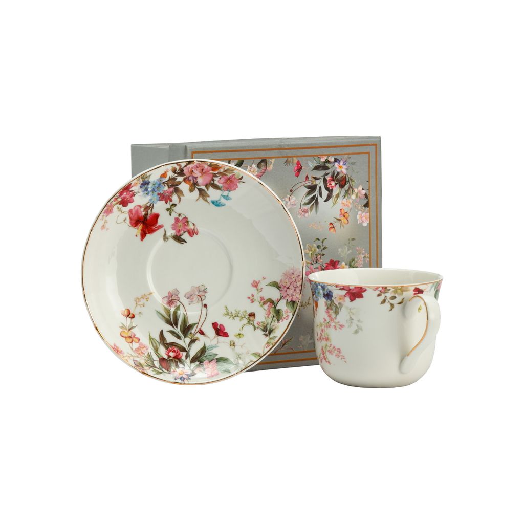 Filiżanka Porcelanowa Biała Duża 400ml w kwiaty ze spodkiem Zdjęcie produktu 