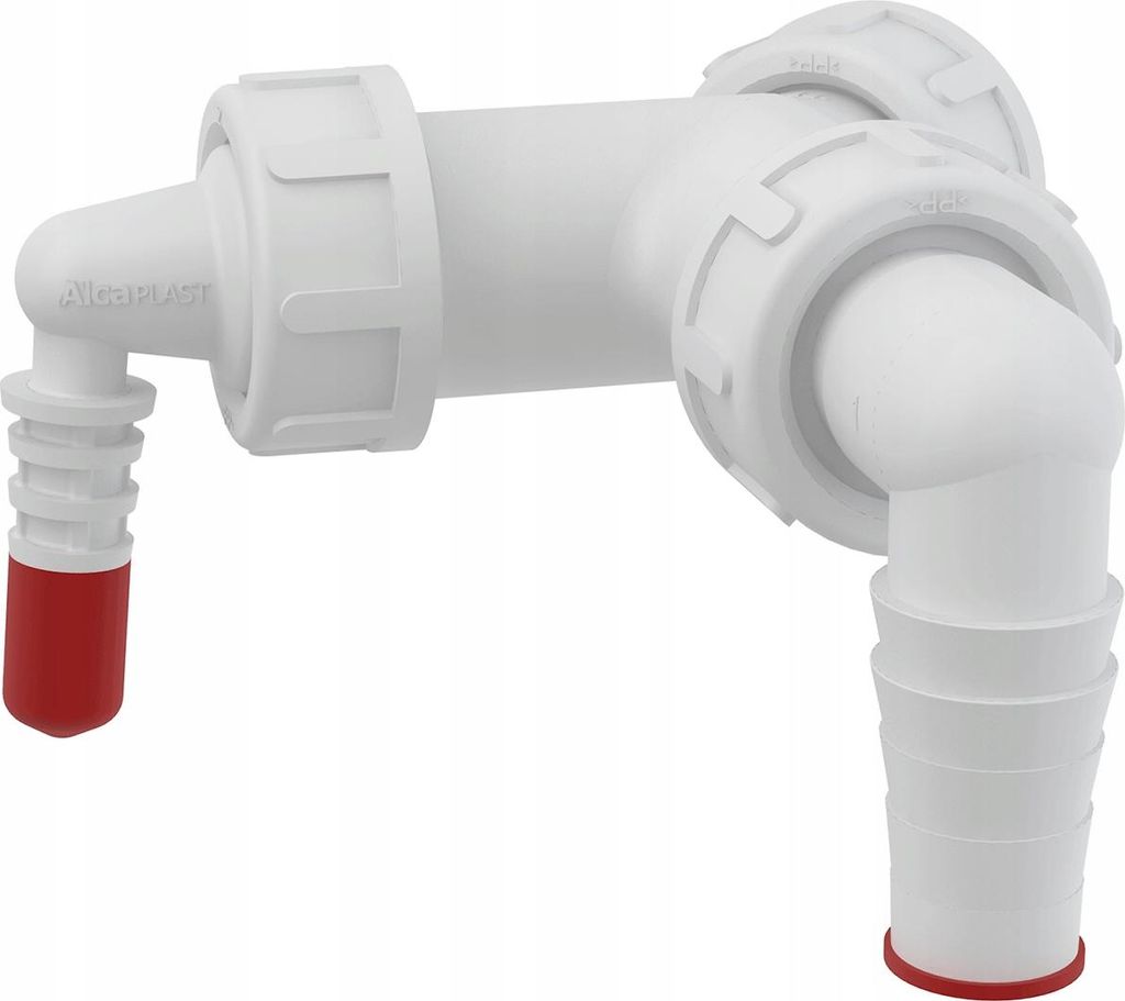 A white plastic plumbing fitting with red caps on the ends of two hose barbs.