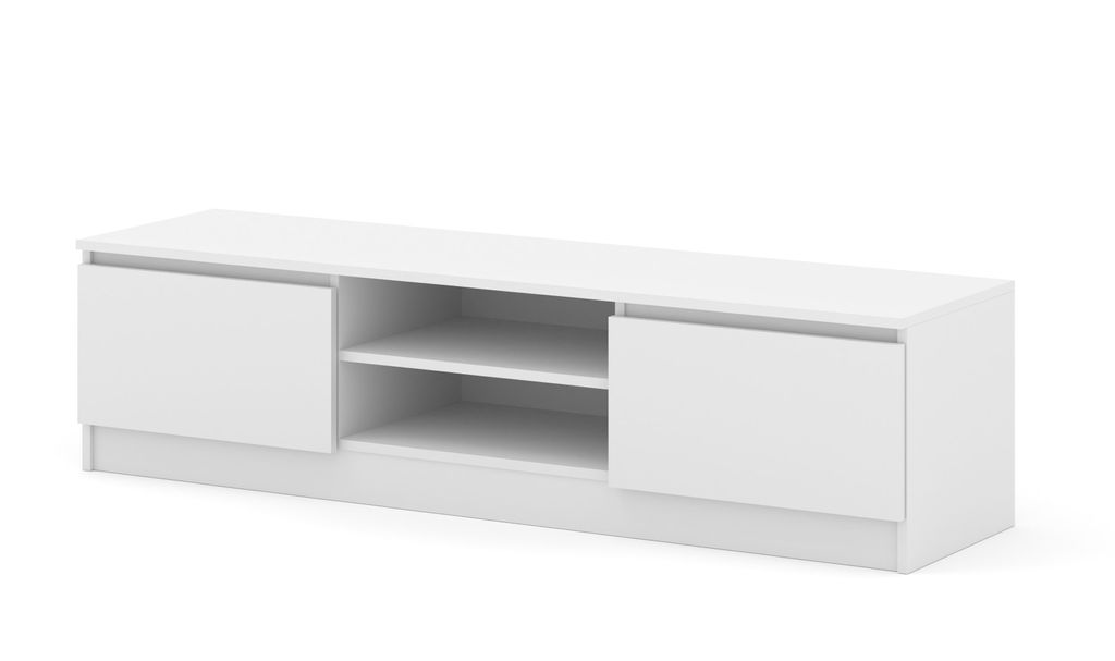 A white TV stand with two doors and two open shelves, shown against a white background.