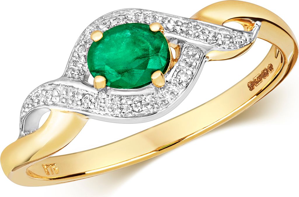 Funkelndes Feuer Stylischer 9 Karat (375) Gold Diamant Damenring Brillant-Schliff H - PK mit Smaragd, 57 (18.1); TRS28922RSP