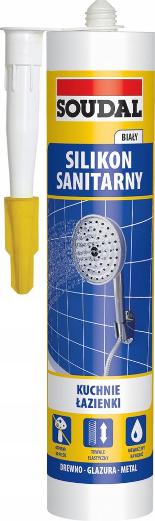 A tube of Soudal sanitary silicone sealant with an applicator nozzle.