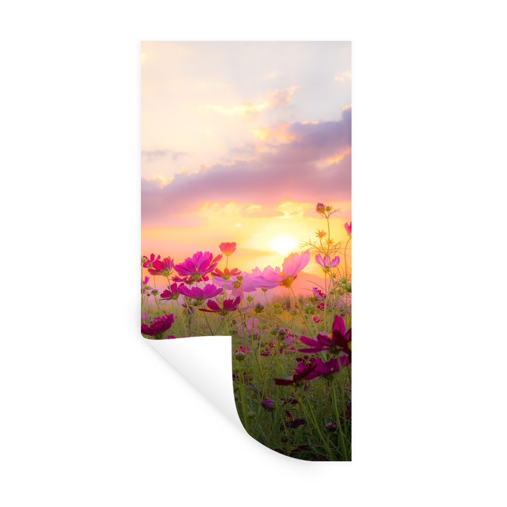 MuchoWow Wandtattoo Wandsticker Wandaufkleber Blumen - Rosa - Sonnenuntergang - Natur - Wiese - Horizont 80x160 cm Selbstklebend und Repositionie...