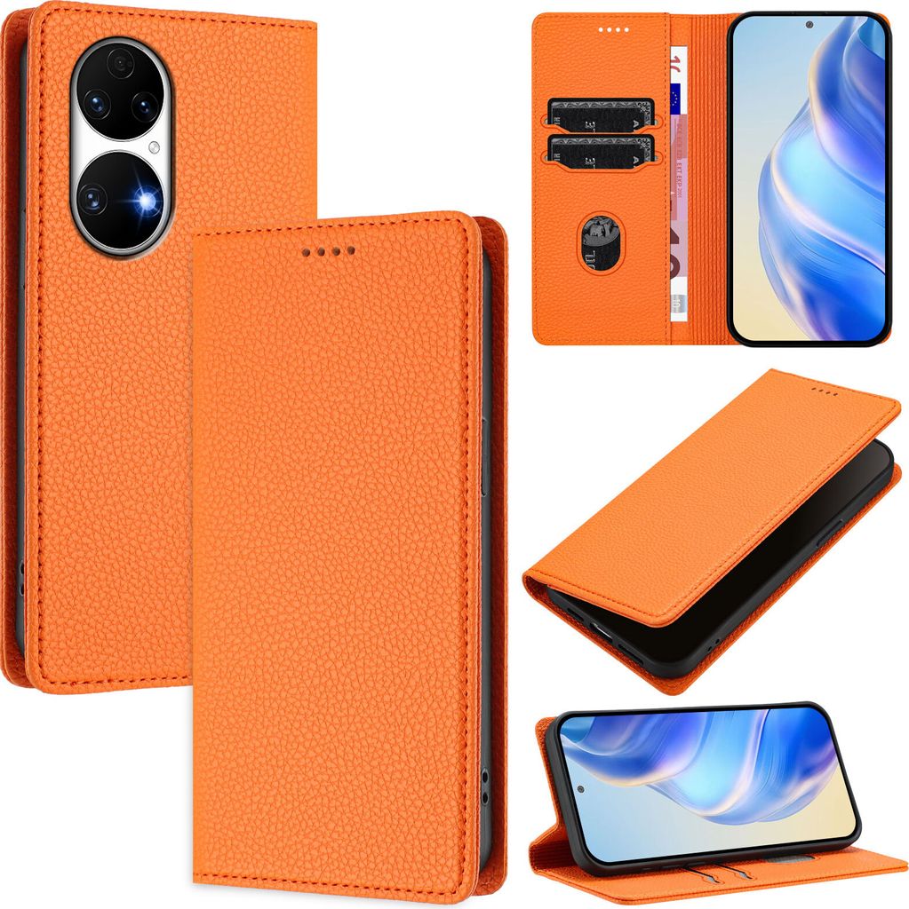 Litchi Leder Handyhülle für Huawei P50 Wallet Kartenfächer Standfunktion Hülle Orange