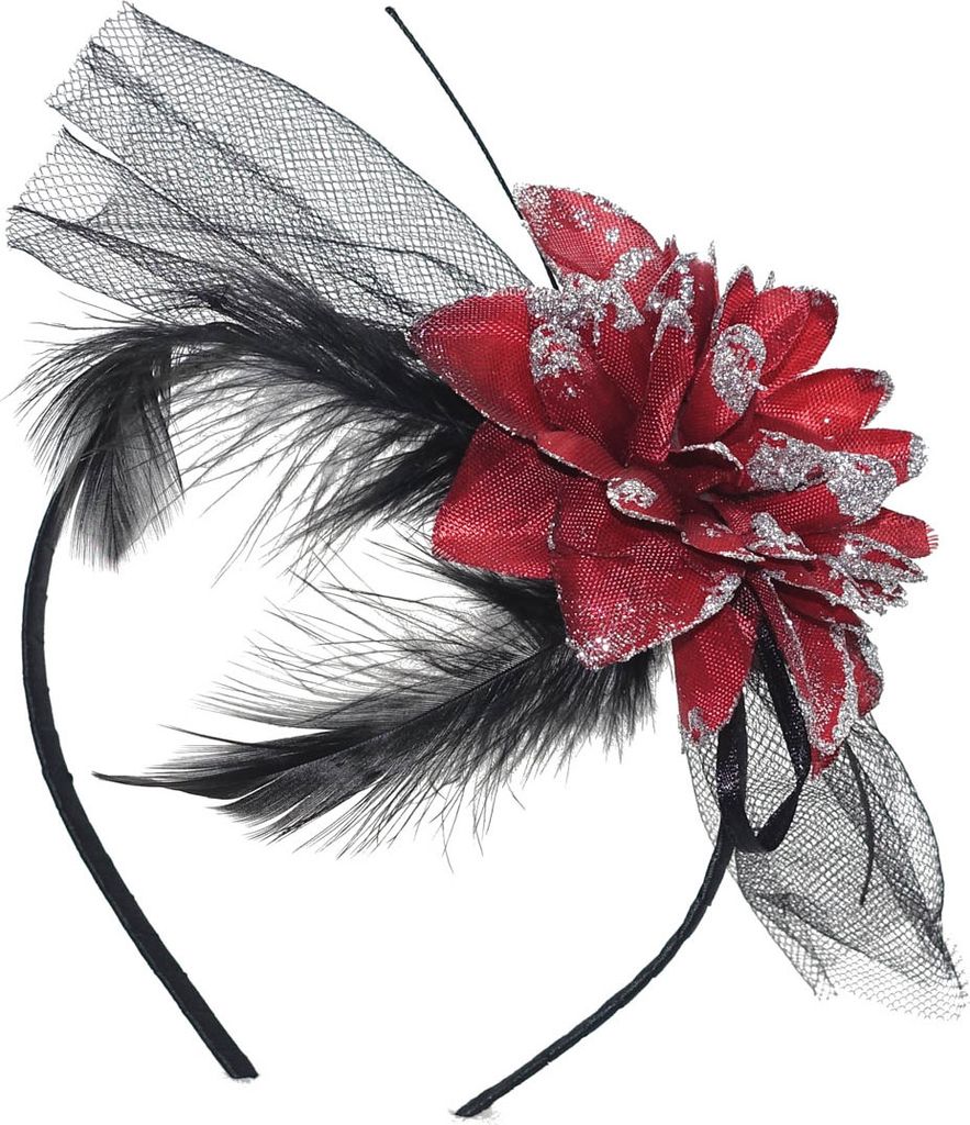 Gothic Haarreif mit roter Rose, Federn & Tüll (Halloween Kostüm Accessoires)