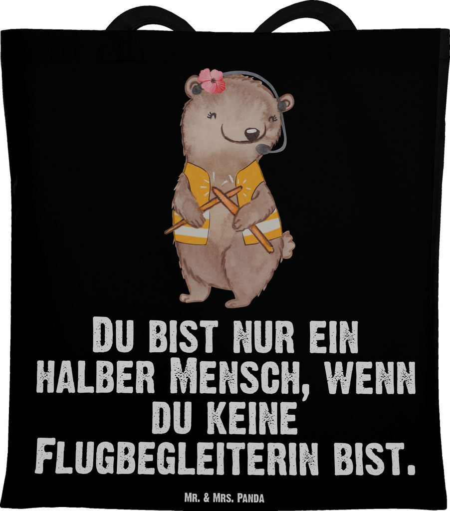 Mr. & Mrs. Panda Tragetasche Flugbegleiterin Herz - Schwarz - Geschenk, Stewardess, Lustig, totebag, Laptoptasche, Spruch, Tasche, Tote Bag, Beruf,...