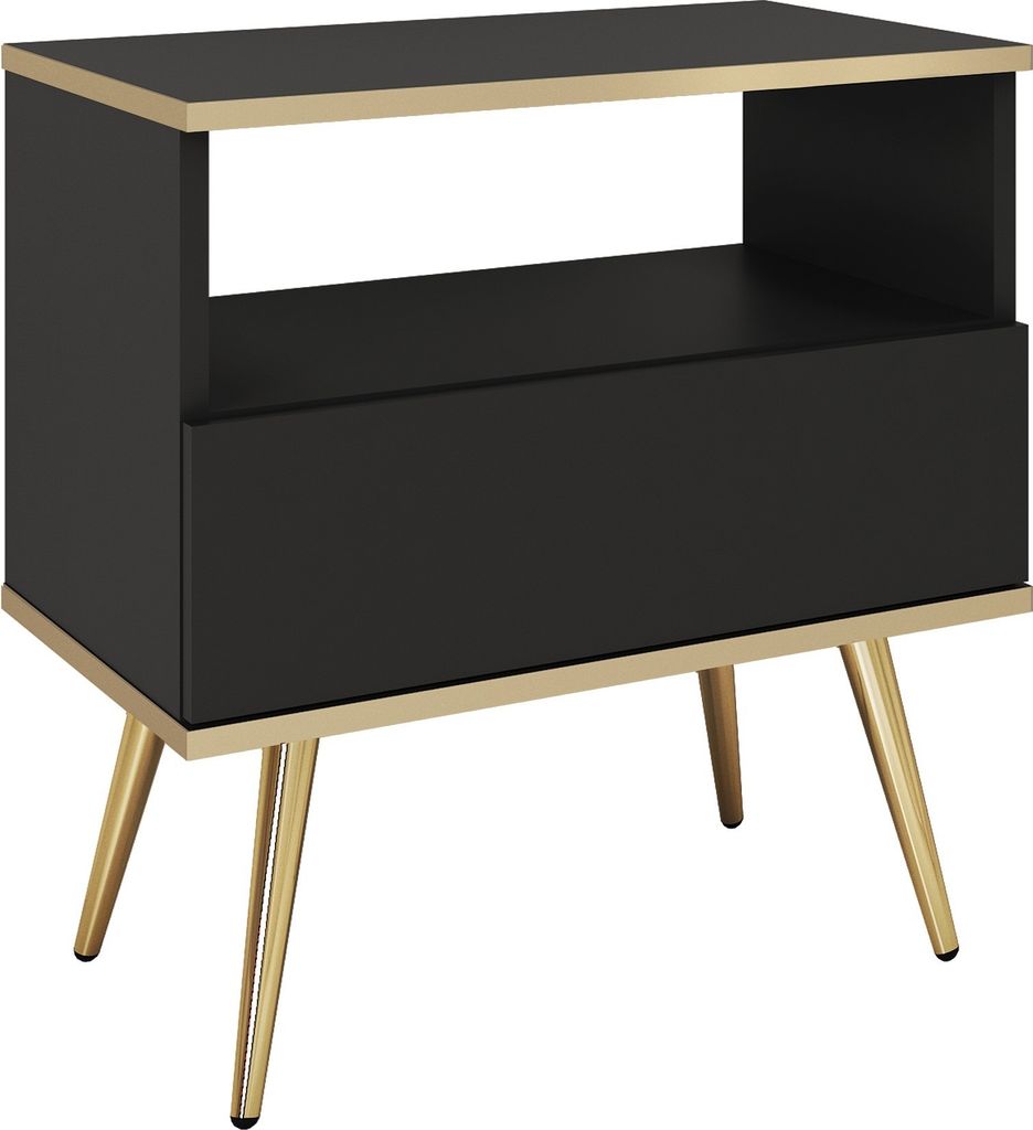 Nachttisch mit Schubladen Rodi - Nachtschrank 50 cm, Schlaffzimmer, gold Accessoires mit Beinen - Schwarz + Gold