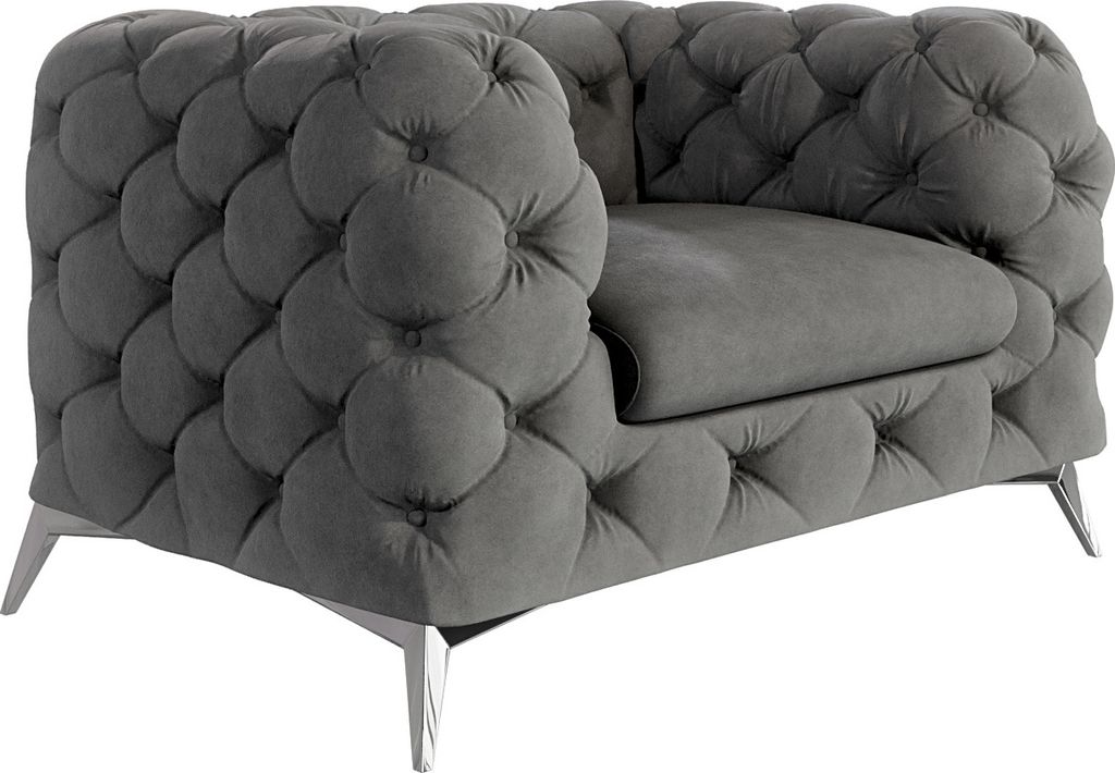 S-STYLE MÖBEL - Chesterfield Sessel Cleo mit Silber Metall Füßen aus Grau Samtstoff, B/T/H: 125 cm / 100 cm / 75 cm