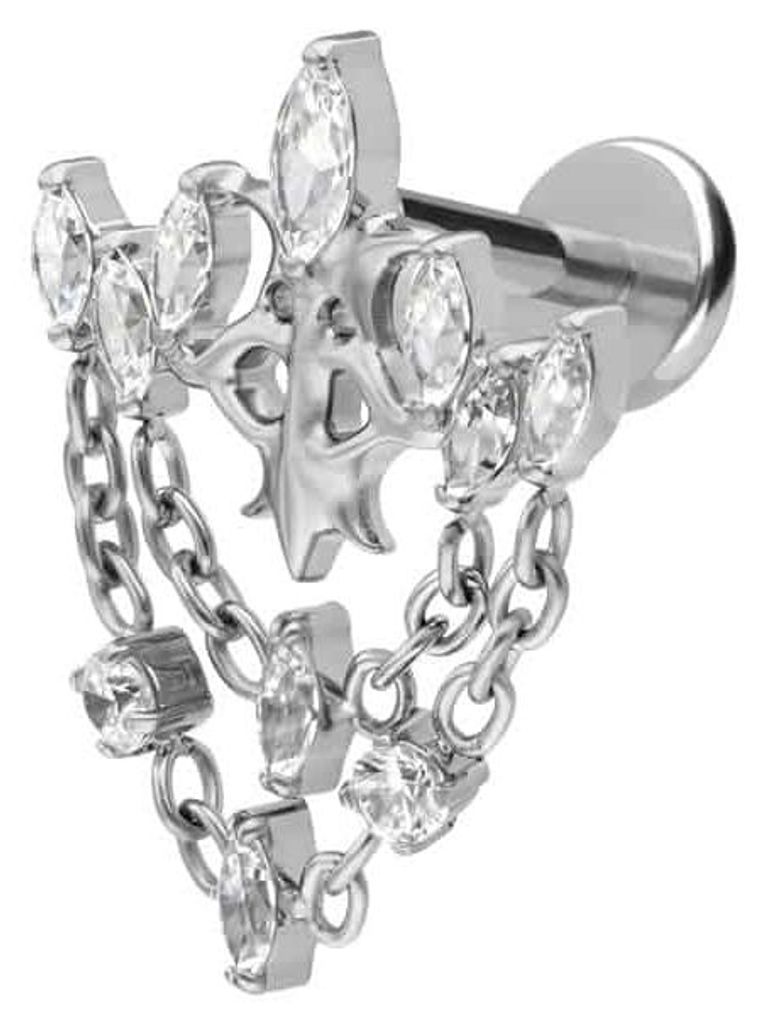 Ohrpiercing, Nasenpiercing Titan Labret mit Push Fit GOTISCHE KRONE + KETTEN Silber Stablänge: 7mm | Stabstärke: 1mm