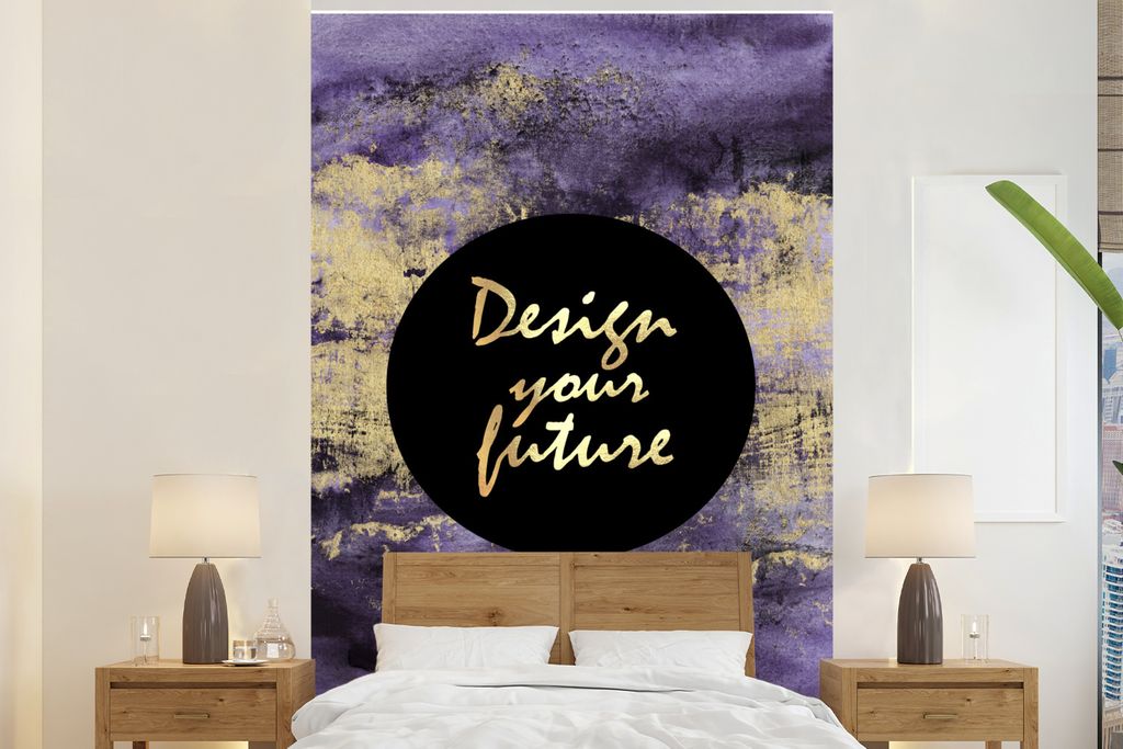 MuchoWow Fototapete für Wohnzimmer oder Schlafzimmer Wandtapete Vinyl Motivtapete Zitat - Zukunft - Schwarz - Gold - 200x300 cm - Wanddekorationen
