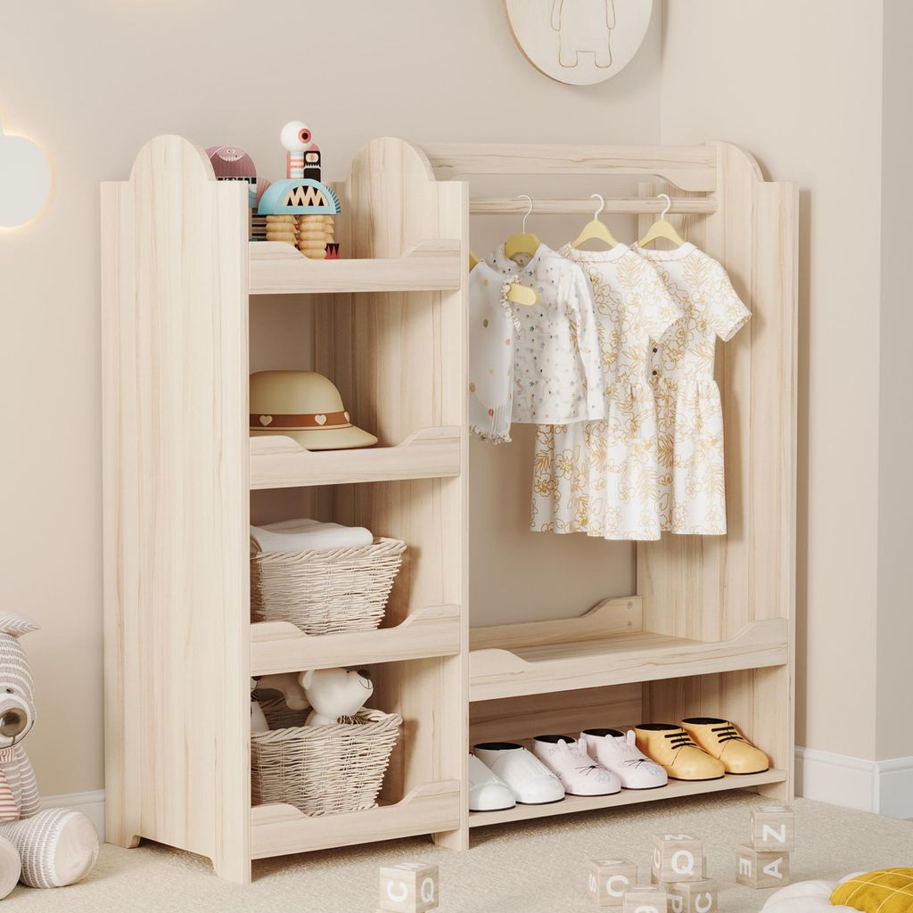 Merax Kindergarderobe Holz mit Kleiderstange, 6 Ablagen, Kinderregal, Kleiderschrank, Standgarderobe, Kinderzimmer Möbel, 110×39×110 cm, Natur