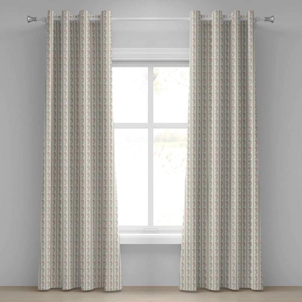 ABAKUHAUS Blumen Ösenvorhang, Land-Blumen-Rosen-Knospen-Wirbel mit weißem Grenzblatt-Kunst-Druck, Dekorative 2-Panel-Fenstervorhänge, 280 cm x 2...