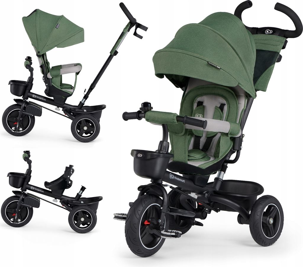 A collage of images showing a green Kinderkraft SPINSTEP tricycle from different angles and configurations.