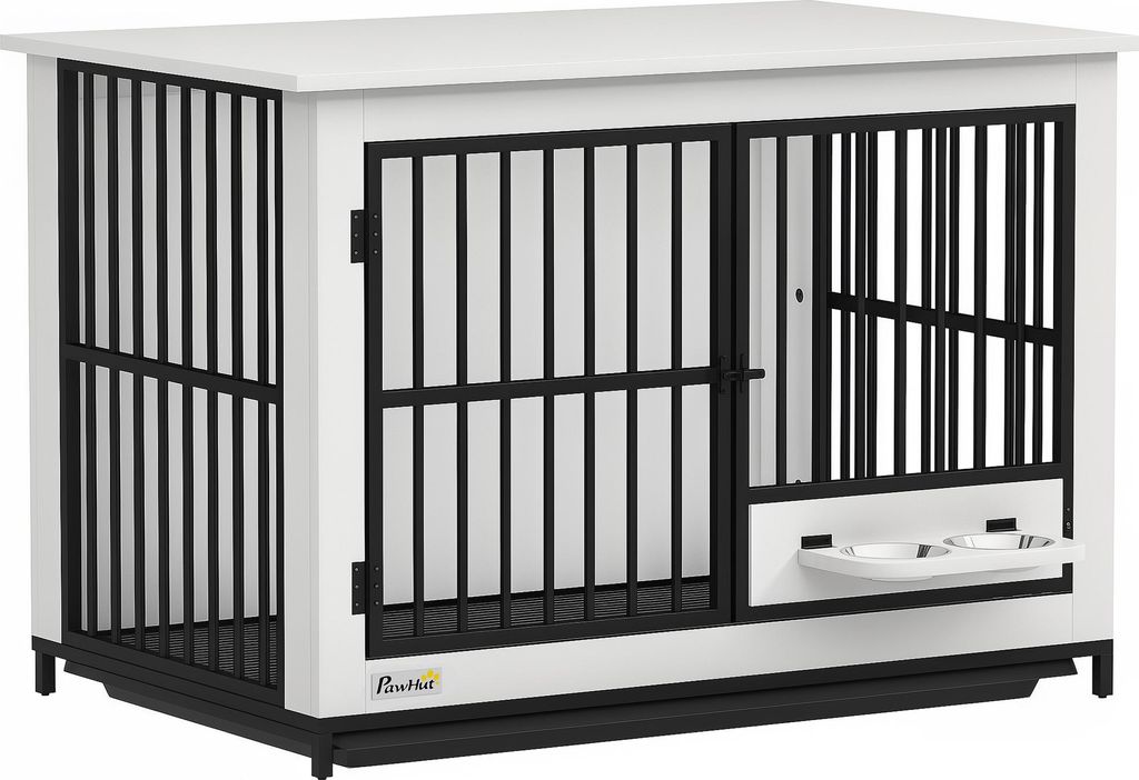 Große Hundebox, einfacher Zugang, verschließbar, drehbarer Schüsselhalter, für kleine und große Hunde, Weiß
