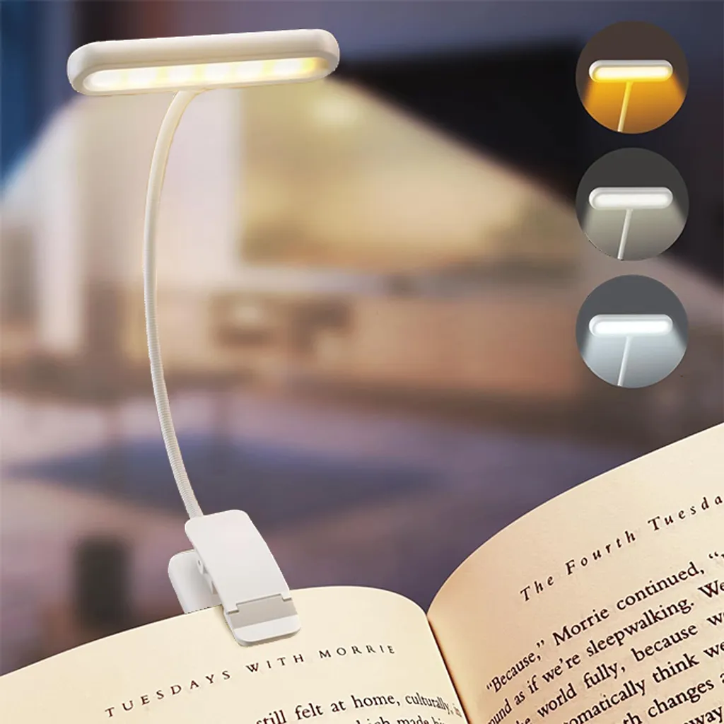 Luce Lettura LED Ricaricabile 3 Modalità - Lampada con Clip Bianca