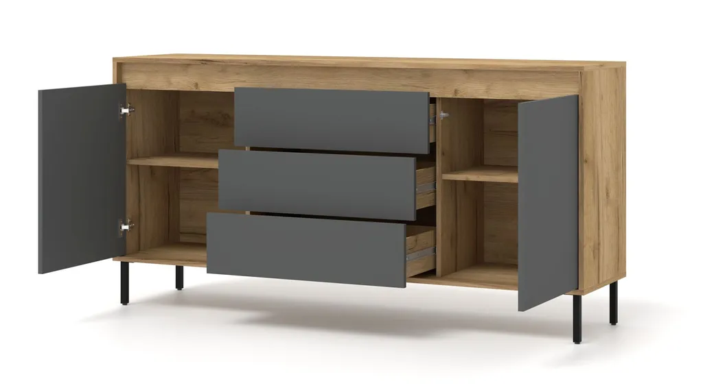Commode Nesta 2D3S 166 cm Craft Gold et Basalt - Buffet avec 3 Tiroirs