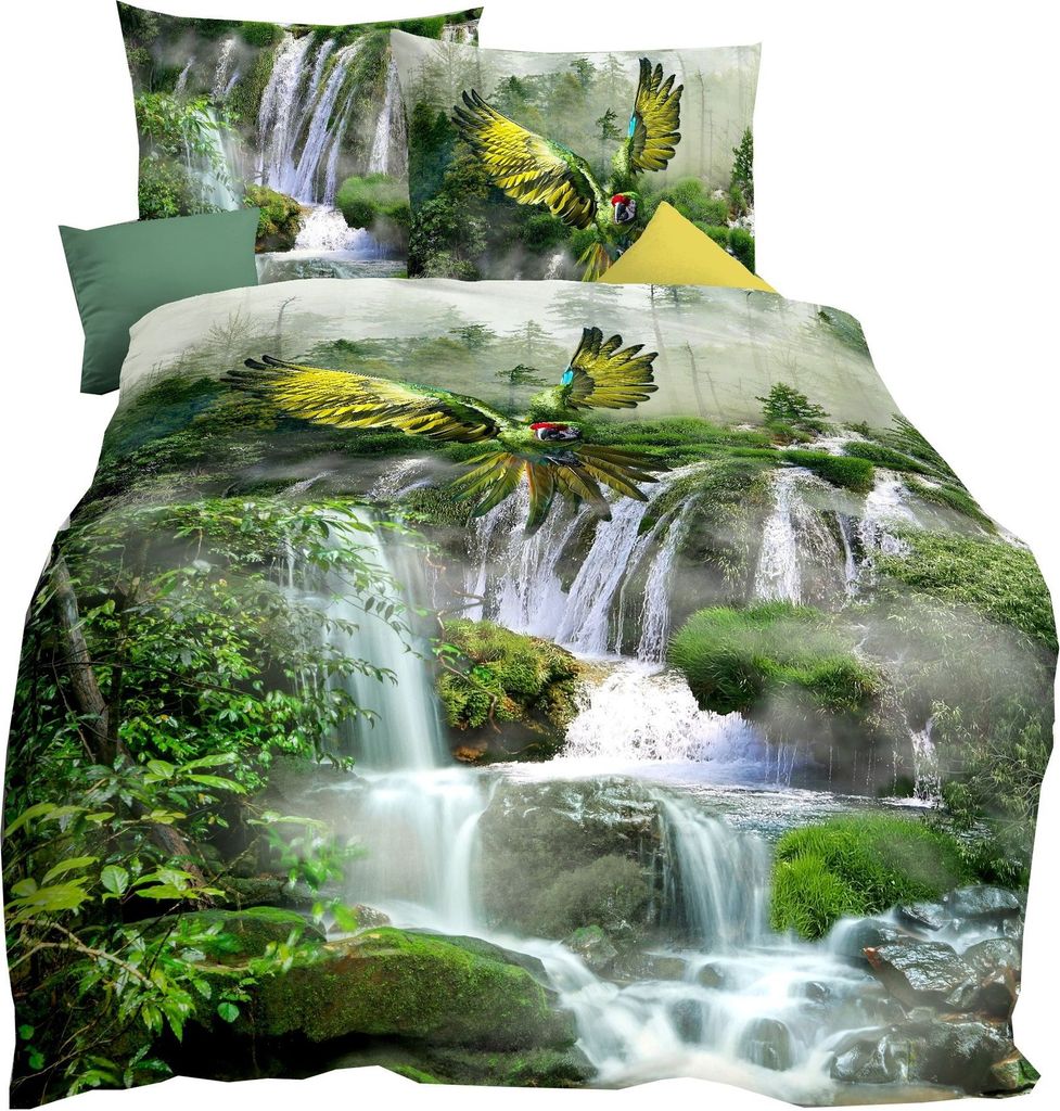 JACK by Kaeppel Mako Satin Digitaldruck Bettwäsche 2 tlg. Wasserfall Papagei Dschungel Regenwald Waterfall, Größe:155x220cm Bettwäsche