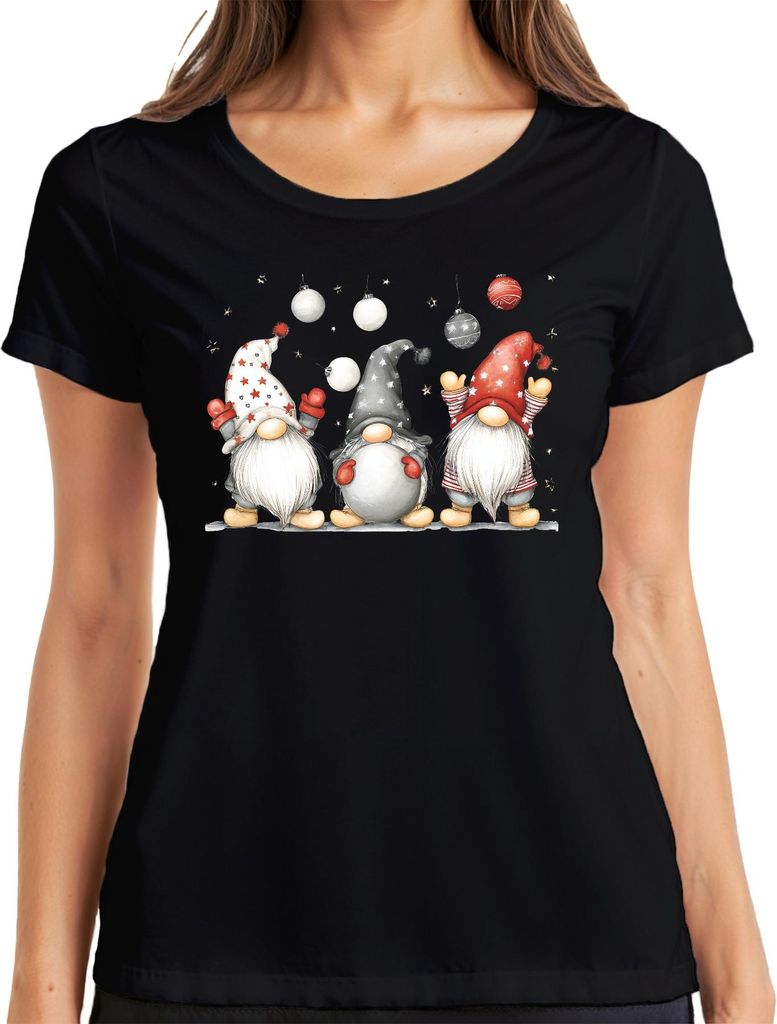 Drei Weihnachtswichtel niedlich Geschenk Zwerge Gnome Weihnachten Damen T-Shirt, Schwarz, M