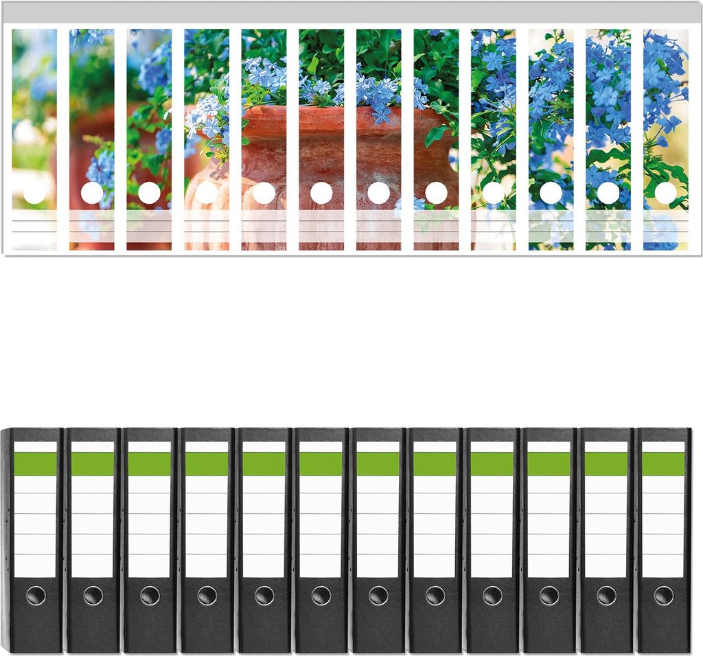 Wallario 12 Stück breite Ordner inkl. Klebeetiketten mit Motive Blaue Blumen in einer Steinvase - Set mit Rückenschildern / Ordnerrücken Stickern