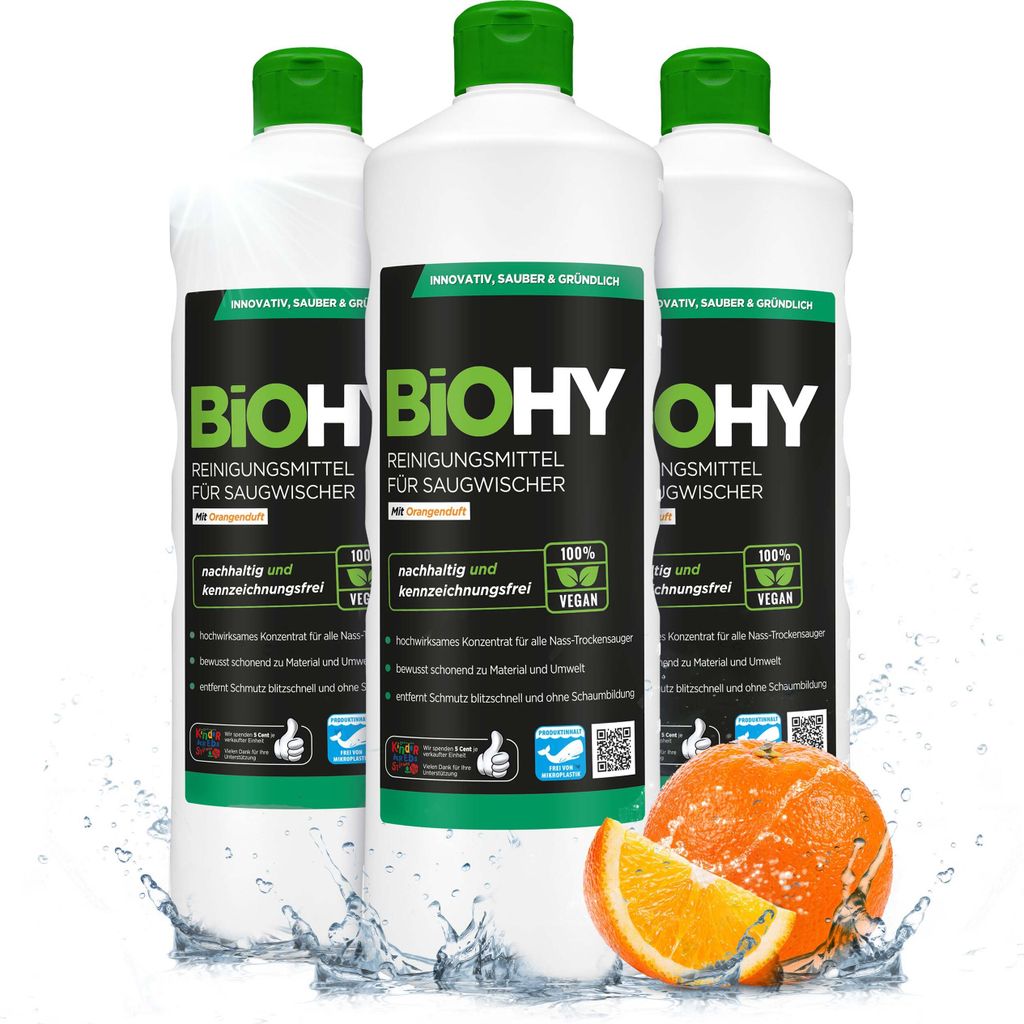 BiOHY Reinigungsmittel für Saugwischer mit Orangenduft, Reiniger für Nass- und Trockensauger, Bodenwischpflege, Reiniger – 3er Pack (3 x 1 Lite...