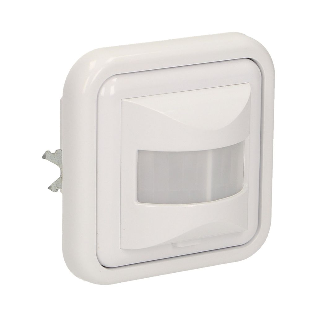 A white motion sensor with a grey sensor lens, mounted on a white wall plate.