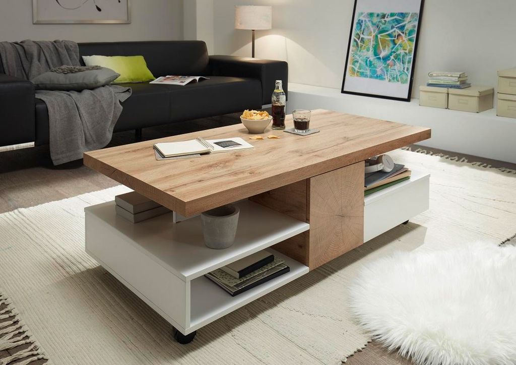 Couchtisch Rennes | auf Rollen | 120x60 | Eichefarben / weiß matt