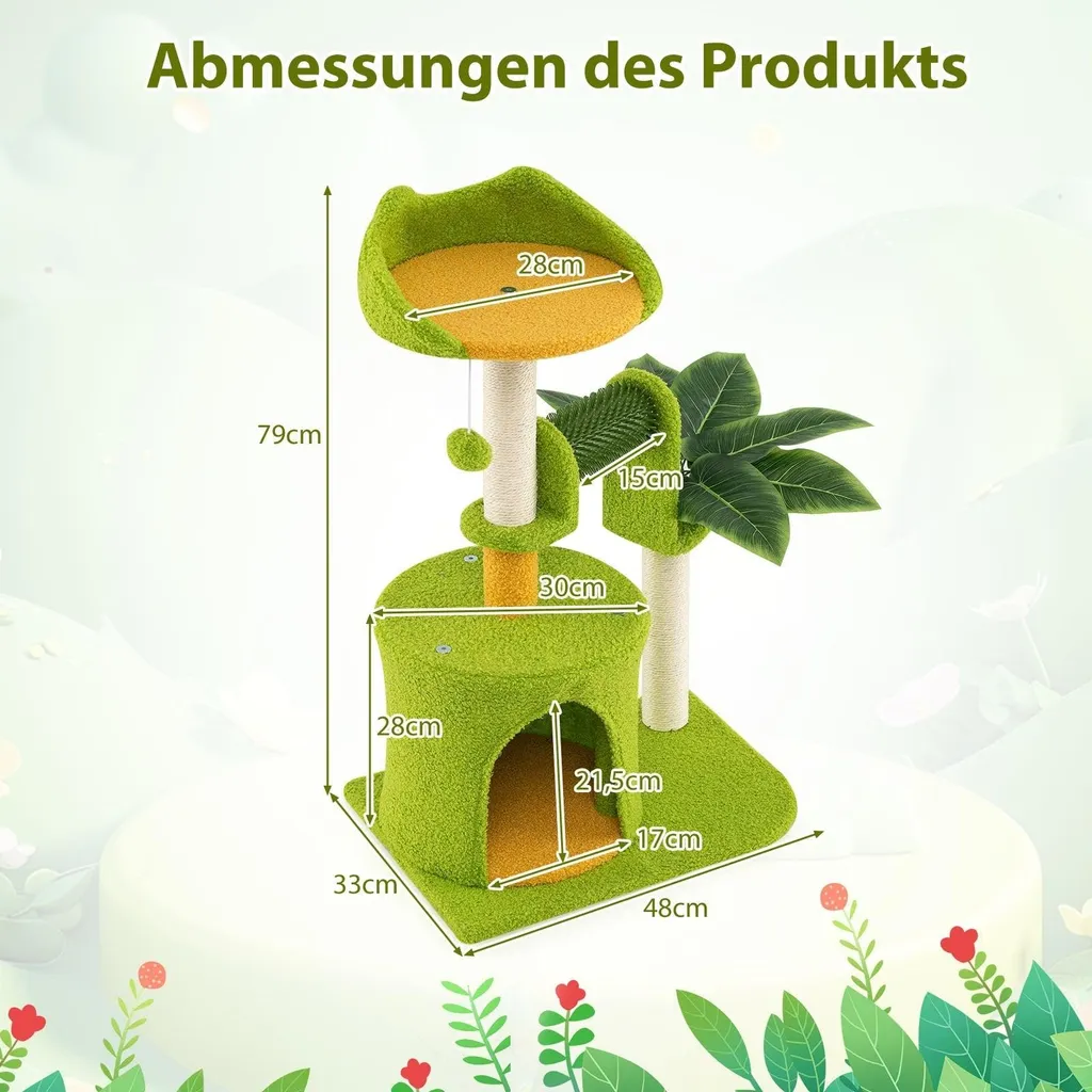 Arbre à chat mural ou d'angle avec cachette et feuillage artificiel vert - 3