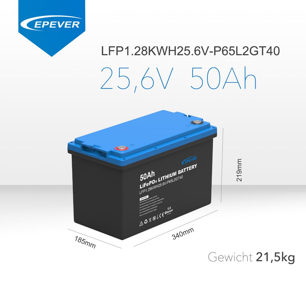 EPEVER Lithium LiFePO4 Batterie 25,6V, 50Ah mit integriertem BMS und APP, Selbstheizung unter 0°C, A-Klasse LiFePO4-Zellen, 0% MwSt