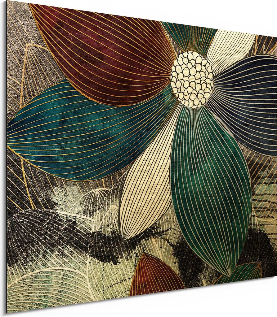 DEQORI Alu-Dibond Bild Gold 40x30 cm 'Geometrie der Blüten' Wandbild Metall dünn Design