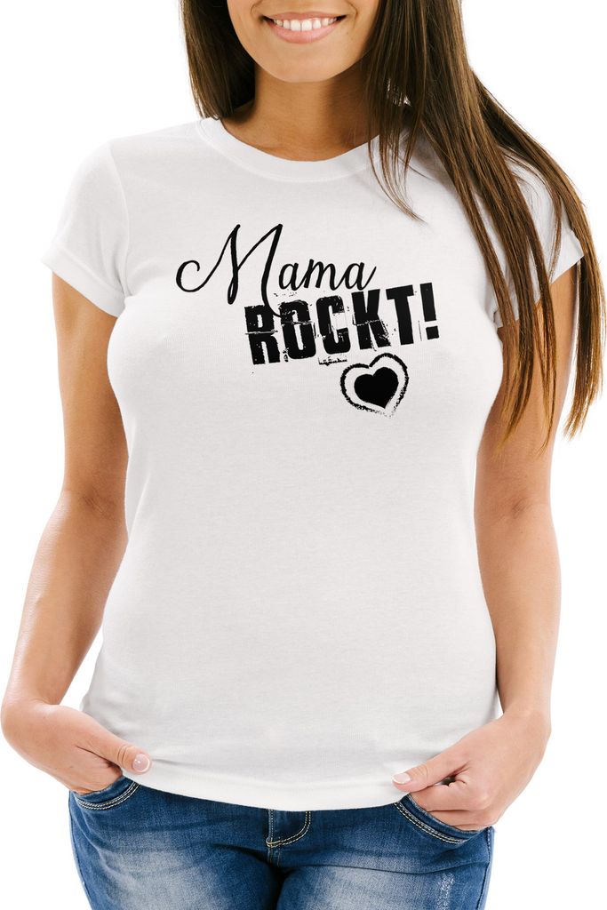 Damen T-Shirt Mama rockt Geschenk für Mutter Muttertag Slim Fit Moonworks weiß XL
