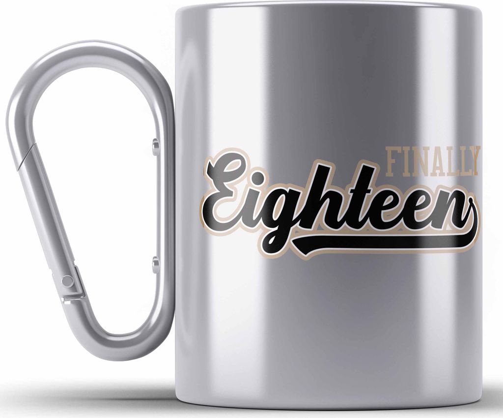 Trendation - 18. Geburtstag Edelstahl Tasse Karabiner Geschenk Mädchen Junge Geschenkidee Lustig Spruch Sprüche 18 Geschenke Geschenkideen zum 18...