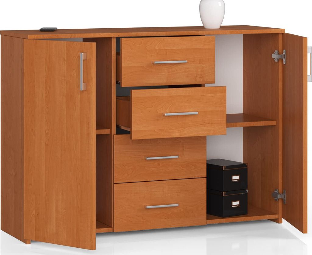 Kommode mit 4 Schubladen & 2 Türen, 110x80x35, Wohnzimmer, Erle