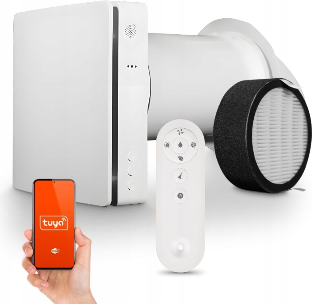 A white ventilation unit with a filter, remote control, and a smartphone displaying the Tuya app are arranged on a white background.